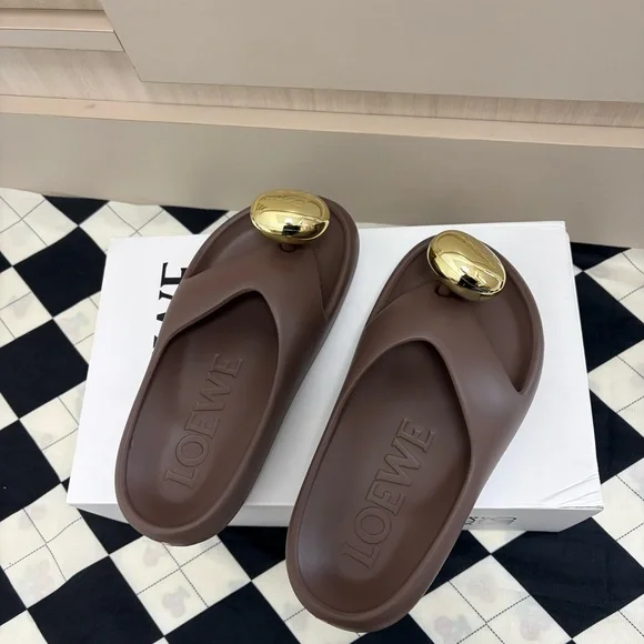Loewe Chocolate Brown Slide Sandals with Gold Orb Detail - Picture 6 of 7